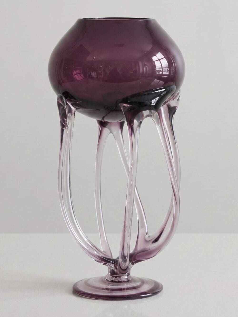 Vintage Jozefina Krosno Poland Hand Blown Amethyst Art Glass Jellyfish Pedestal
